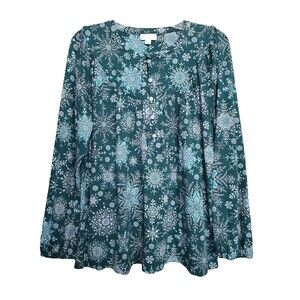 J Jill Green Snowflake Cotton/Tencel Long Sleeve Henley Blouse Size Medium